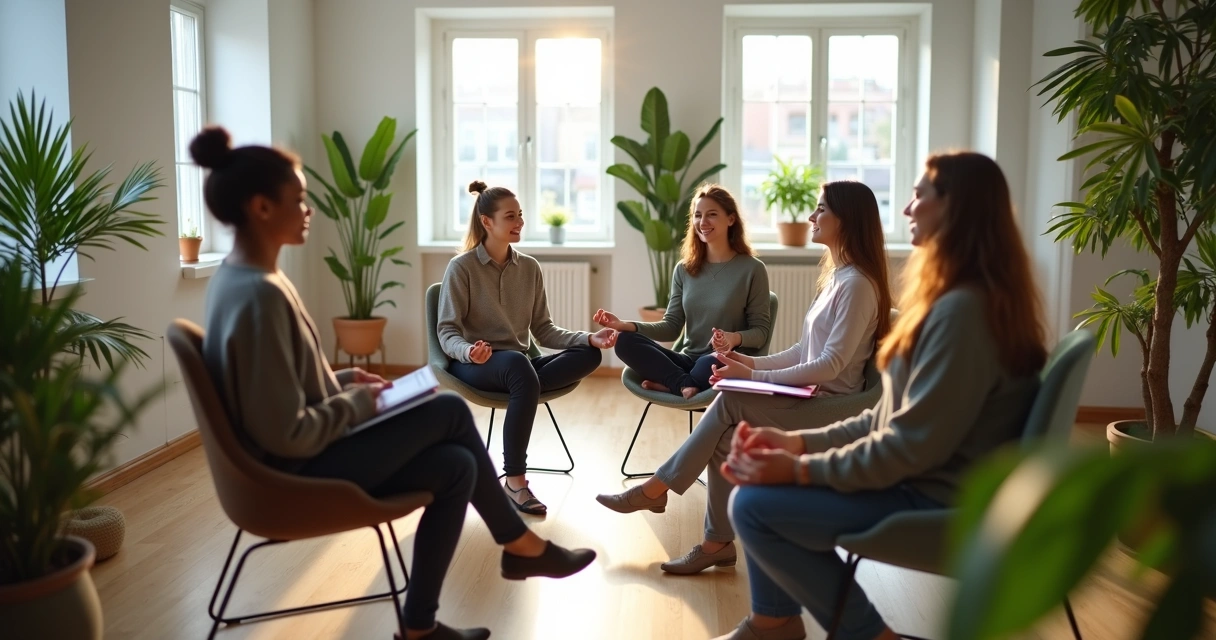 Ambiente de trabalho com pessoas sorrindo sentadas em cadeiras, clima leve e plantas decorativas 