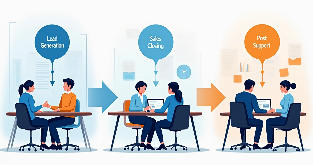 Representação visual de um quadro com funções específicas organizando o fluxo comercial. 