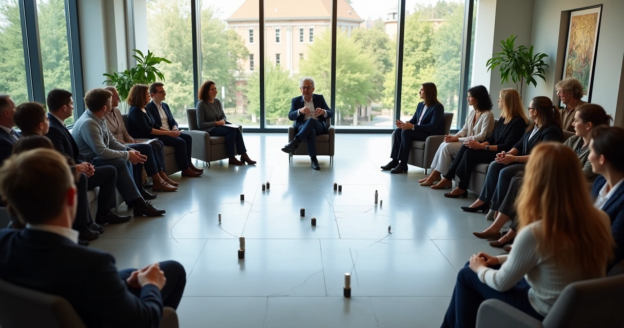Equipe de trabalho reunida em círculo em uma sala iluminada, com um facilitador ao centro guiando uma constelação sistêmica. 