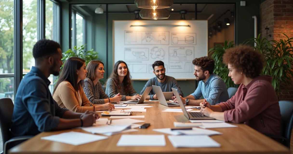 Equipe reunida discutindo estratégias em ambiente moderno