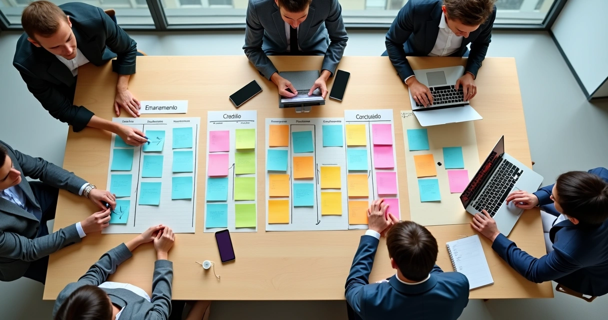 Mesa de trabalho com equipe planejando fluxo de tarefas em cartões coloridos 