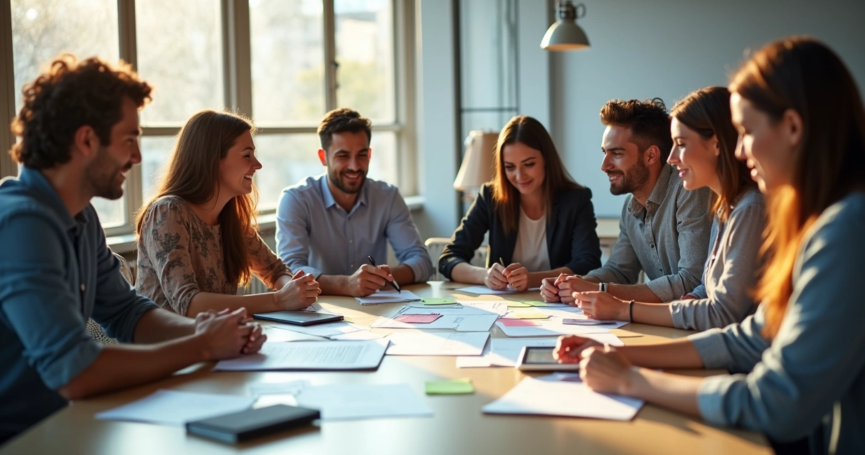 Equipe de turismo reunida organizando tarefas em mesa moderna 