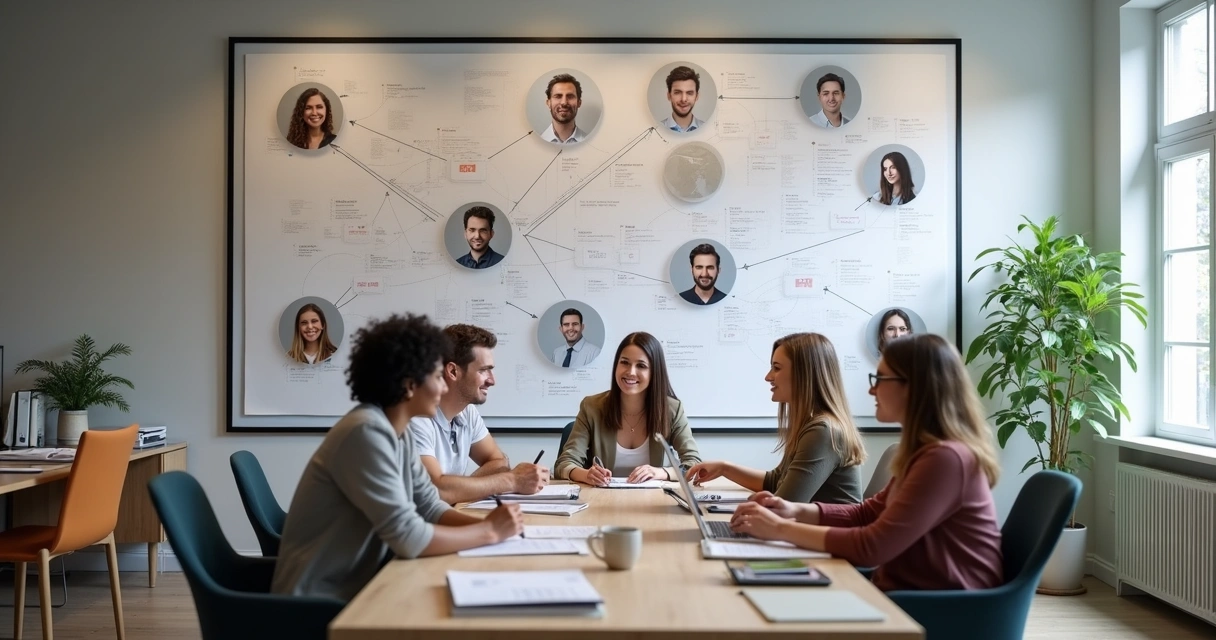 Equipe reunida ao redor de uma mesa diante de mural com fluxogramas e linhas conectando fotos dos membros 