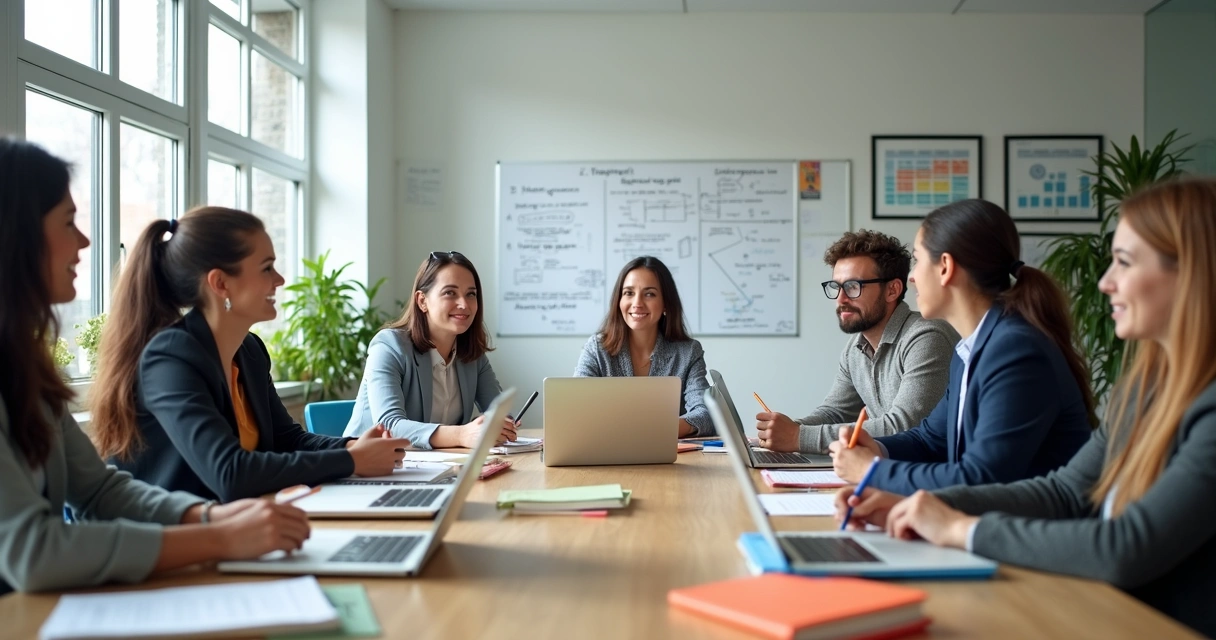 Equipe escolar reunida planejando estratégias. 