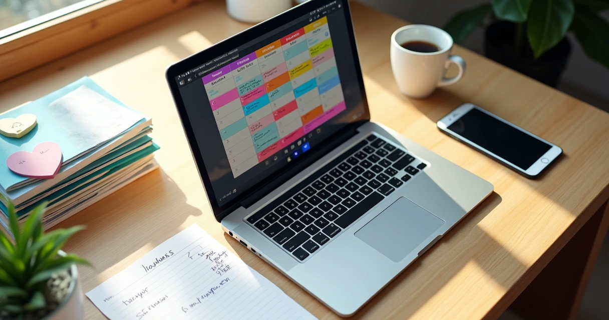 Mesa organizada com computador, lista de tarefas ao lado, e xícara de café