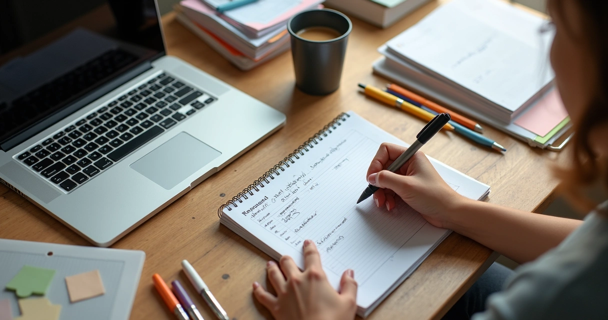 Estudante utiliza agenda e computador para organizar tarefas 