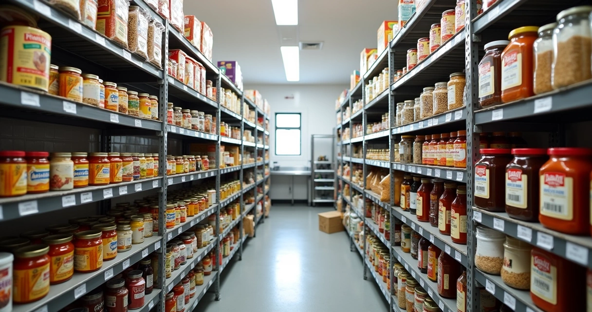 Prateleiras organizadas com produtos alimentícios e etiquetas de validade visíveis