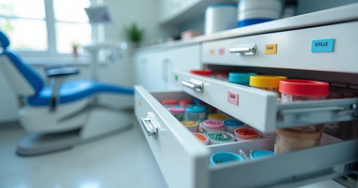 Organização de gavetas com etiquetas de materiais odontológicos 