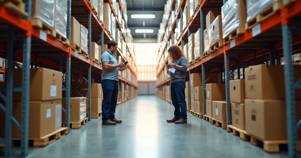 Prateleiras organizadas com etiquetas e caixas de produtos