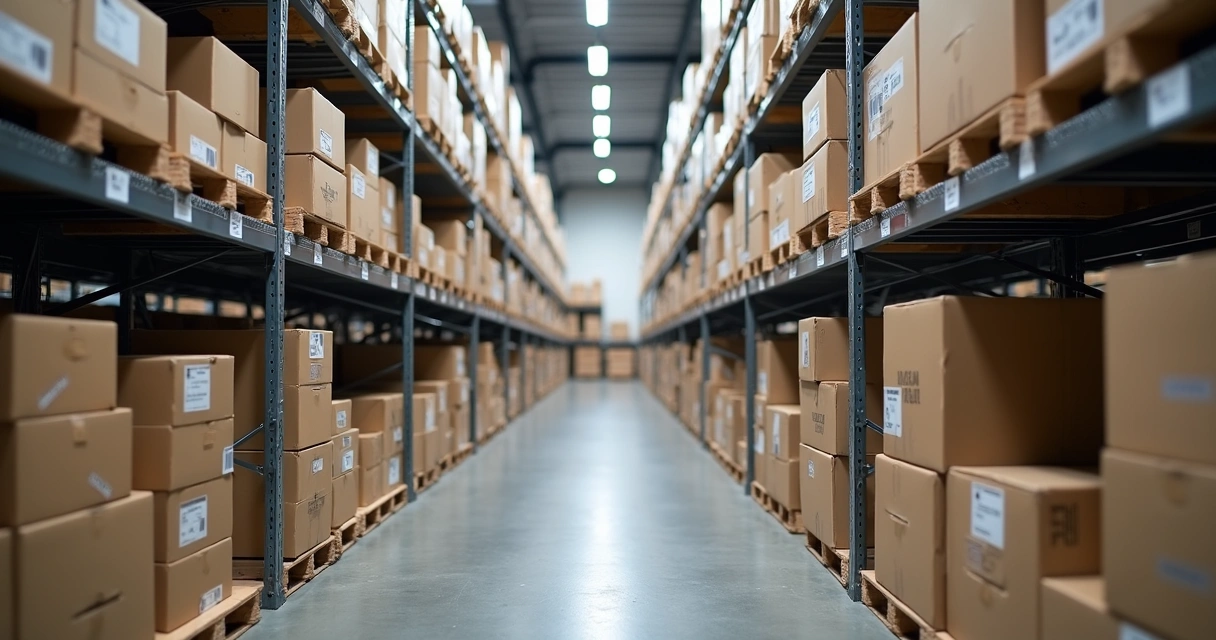 Corredores de depósito industrial com caixas organizadas, etiquetas visíveis nas prateleiras 