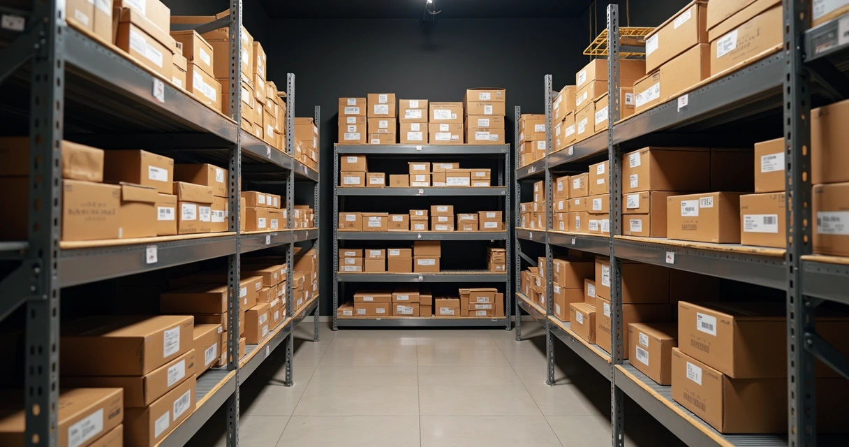 Prateleiras organizadas de estoque com etiquetas visíveis 