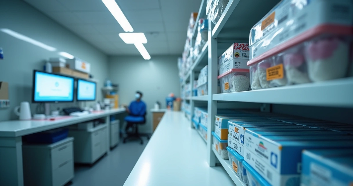 Prateleiras organizadas com caixas etiquetadas de materiais odontológicos. 