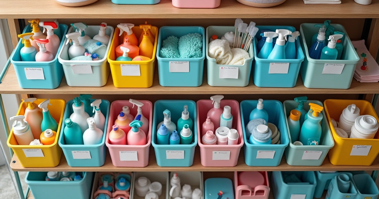 Vista superior de prateleira com produtos de limpeza organizados em setores e etiquetas 