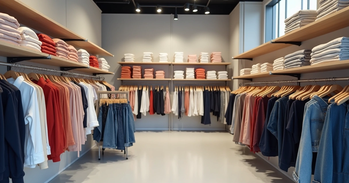 Araras com roupas organizadas por cor e etiquetas de tamanho 