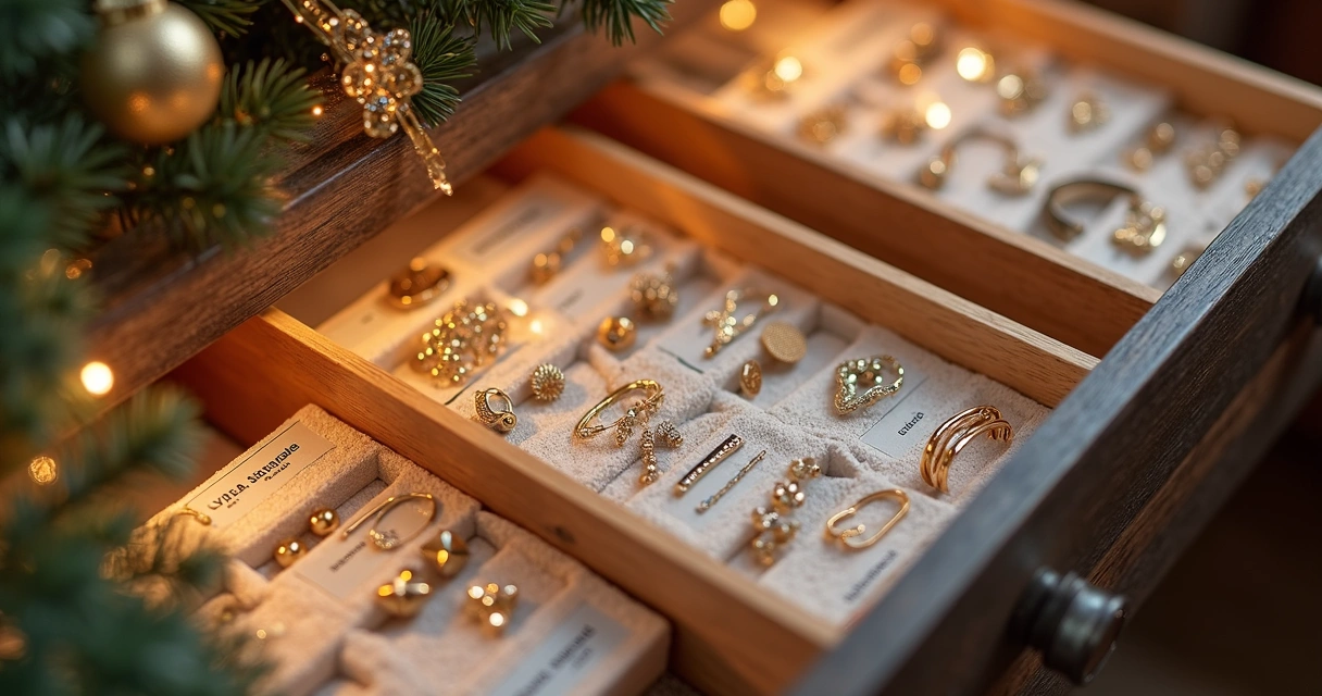 Coleção de semijoias organizadas em gavetas transparentes 