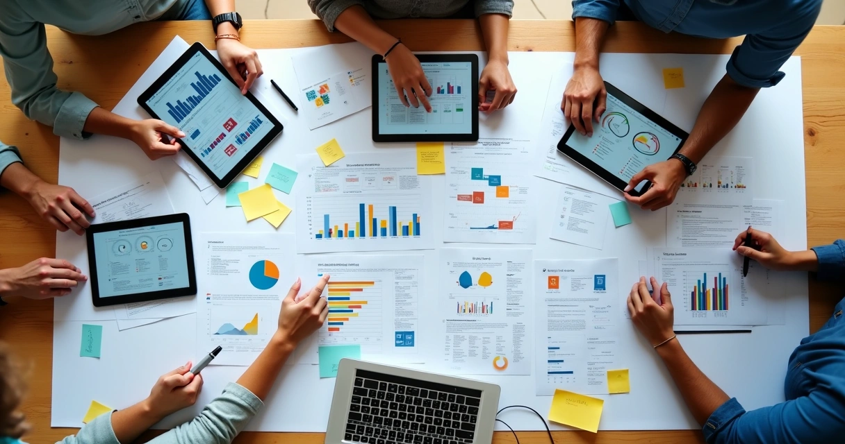 Mesa com papéis de estratégias de marketing e consultoria, mãos analisando gráficos e planejamentos 