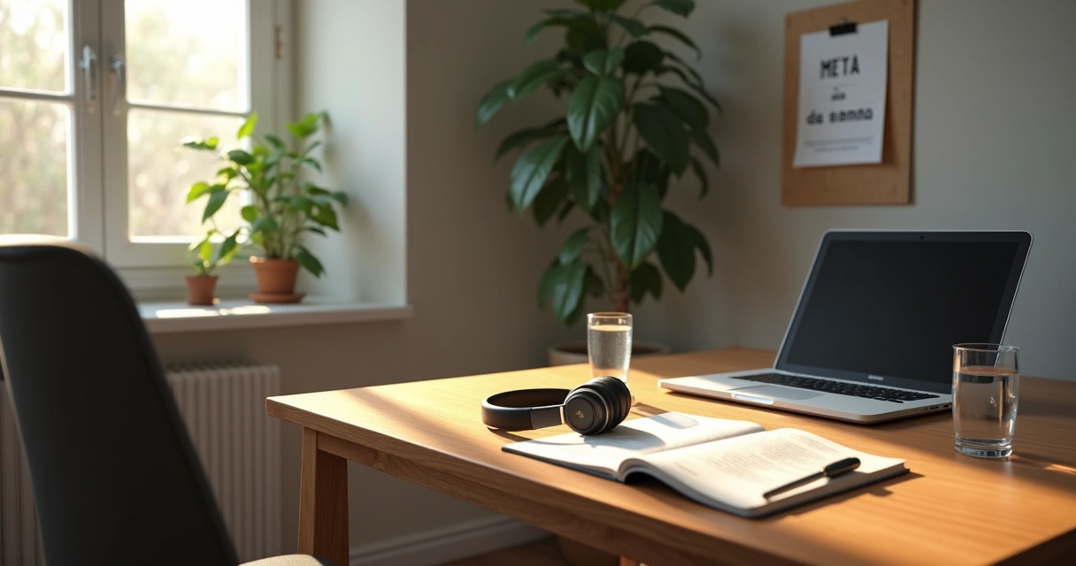 Mesa organizada com materiais de estudo, notebook, caderno e fone de ouvido em ambiente tranquilo 
