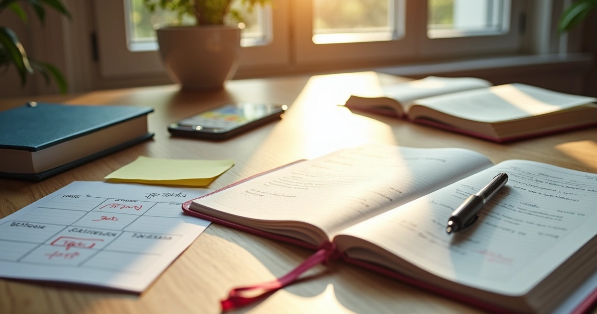 Agenda de estudos aberta ao lado de notebook e caneta 