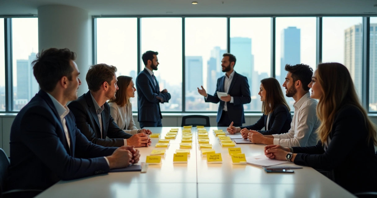 Equipe reunida discutindo princípios éticos em reunião 
