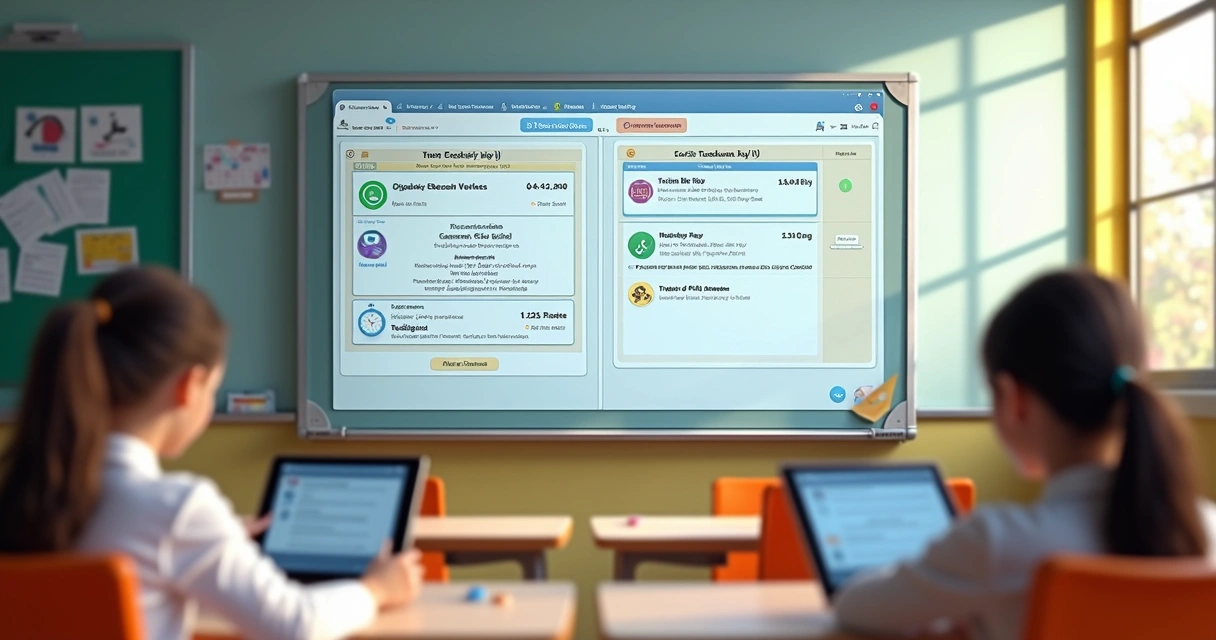 Painel digital de escola com agenda do Dia das Professoras, notificações e mensagens de homenagem 