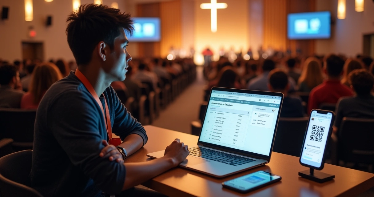 Organizador conferindo inscrições digitais em evento religioso lotado 
