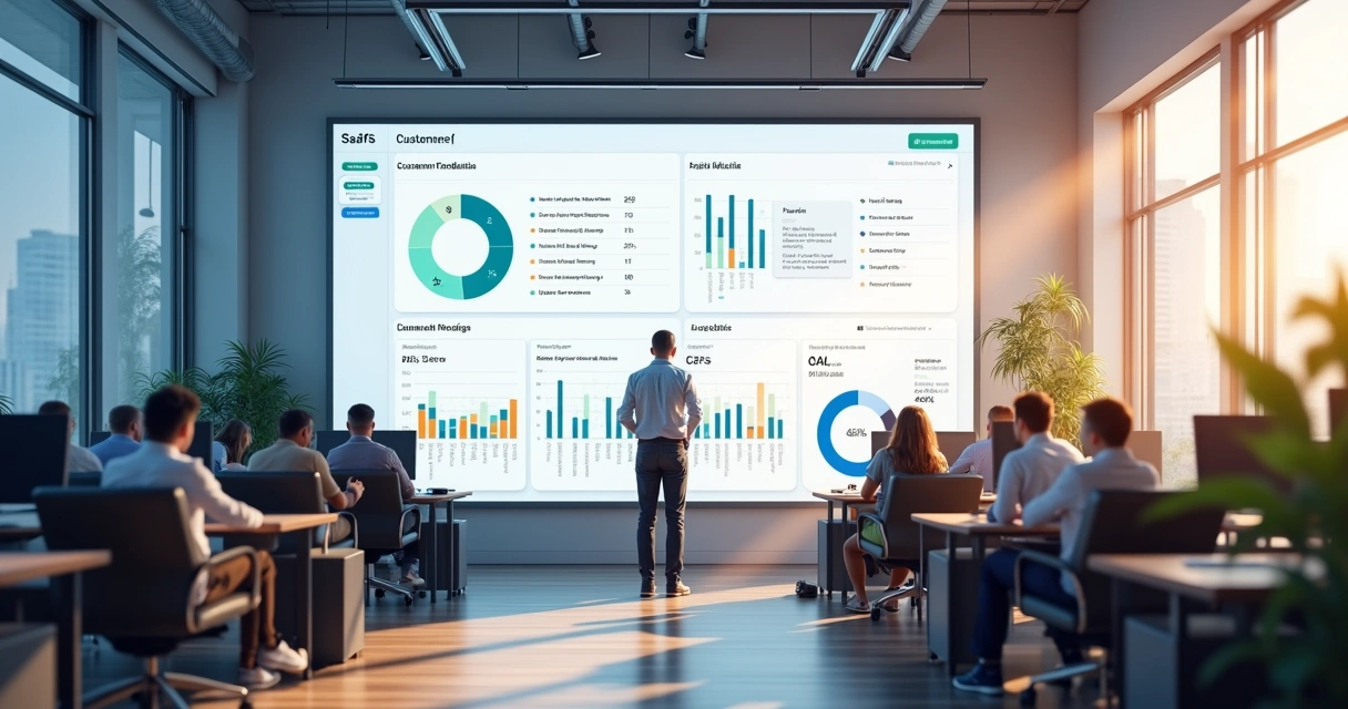 Dashboard moderno mostrando organização de feedbacks de clientes SaaS