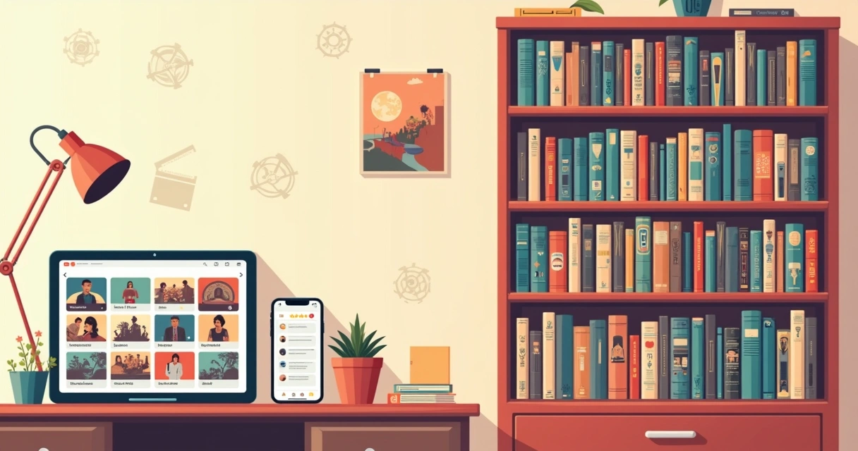 Tela de tablet exibindo app de organização de filmes retrô ao lado de prateleira com DVDs clássicos 