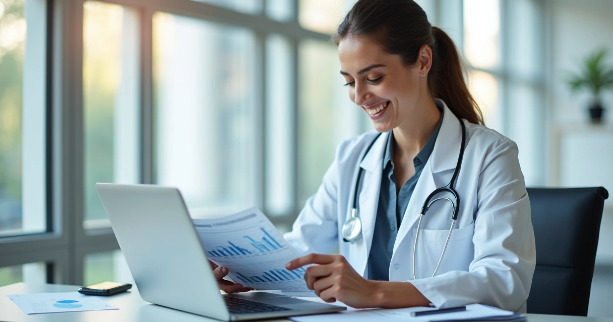 Médico organizando finanças em laptop 