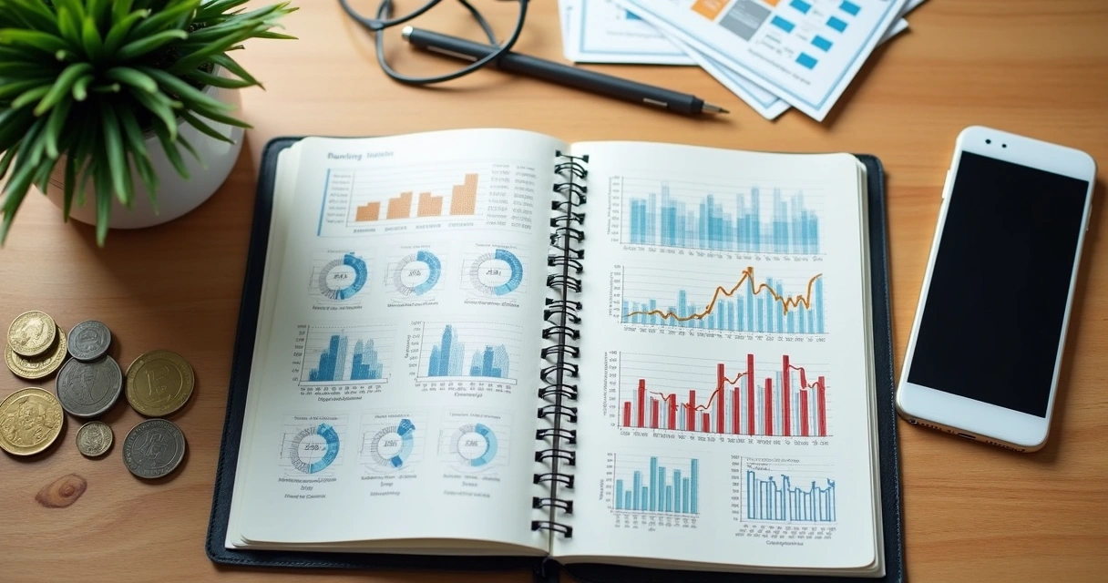 Caderno com gráficos financeiros, celular mostrando pagamentos e boletos organizados