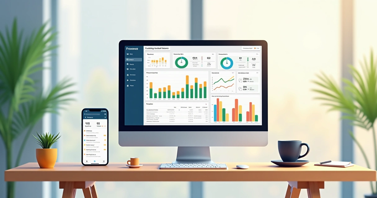 Painel financeiro digital mostrando gráficos de receitas e despesas em tela de computador 