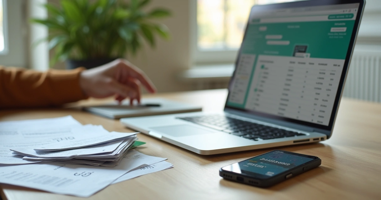 Pessoa organizando contas e cartões junto a uma planilha 