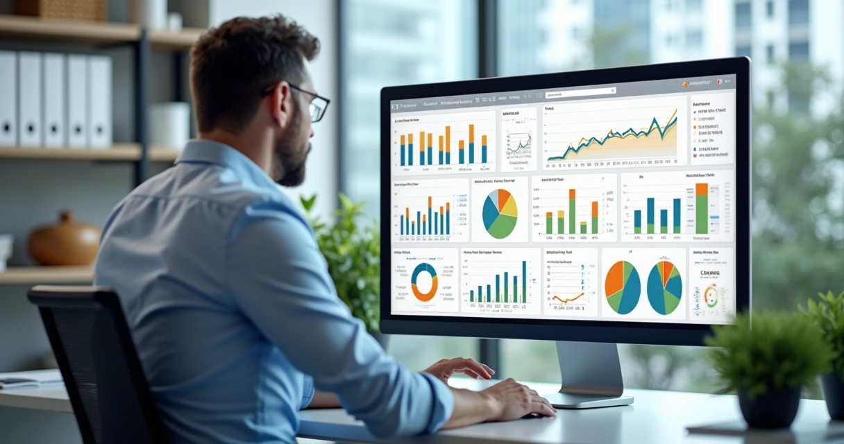 Empresário analisando gráficos financeiros em tela grande, representando organização de dados empresariais 