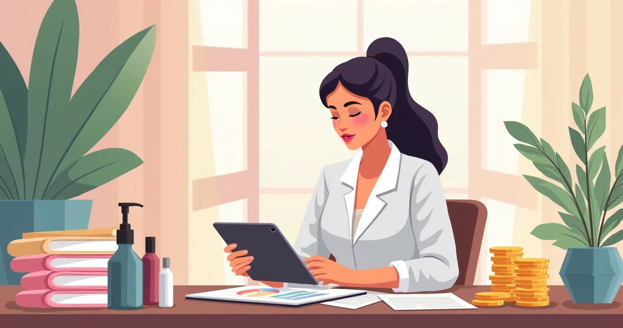 Profissional da beleza organizando contas e analisando gráfico financeiro em um tablet 