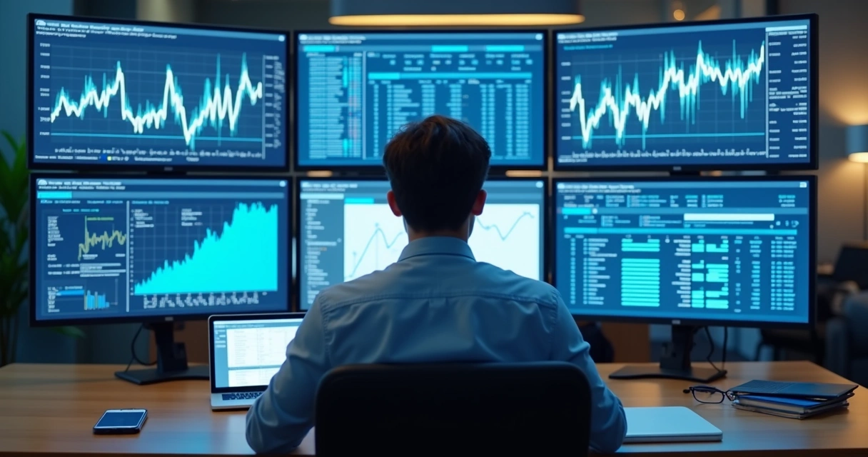 Gestor analisando dados financeiros digitais em múltiplas telas 