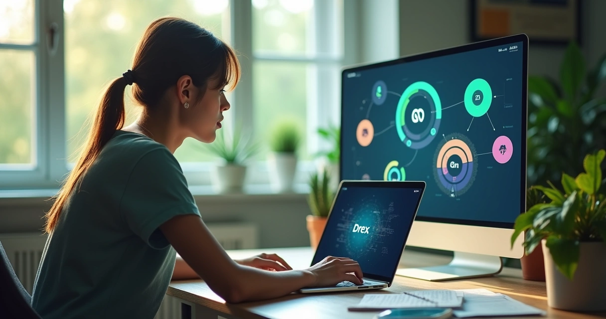 Pessoa organizando as finanças digitais no laptop com elementos gráficos do Drex ao redor 