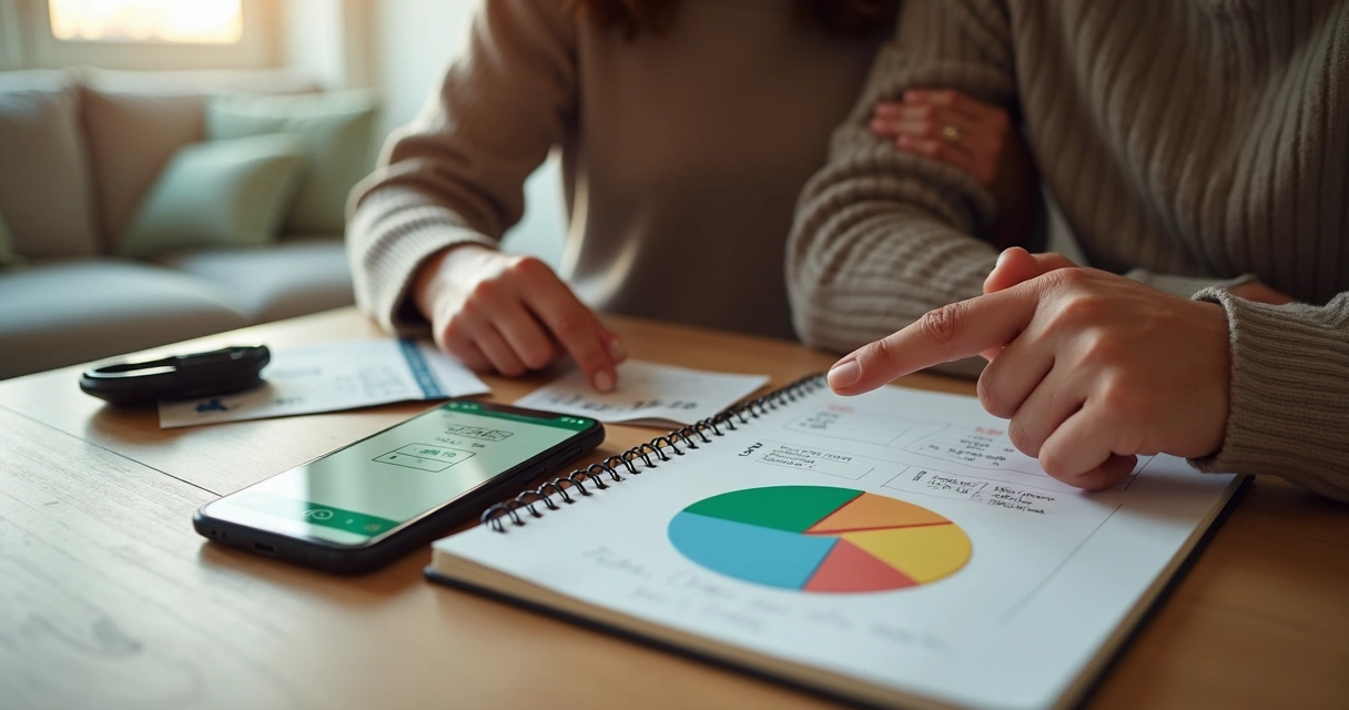 Casal organiza finanças com gráficos de gastos no celular e anotações em mesa 