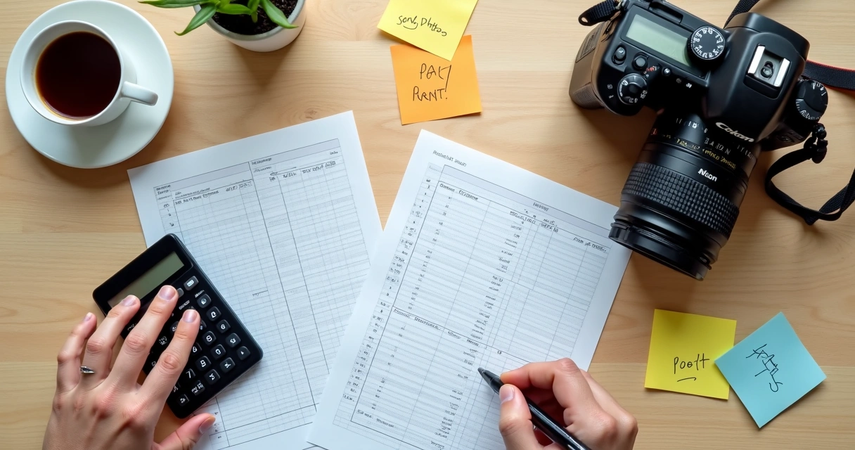 Mesa com planilha, máquina fotográfica e caderno de anotações 
