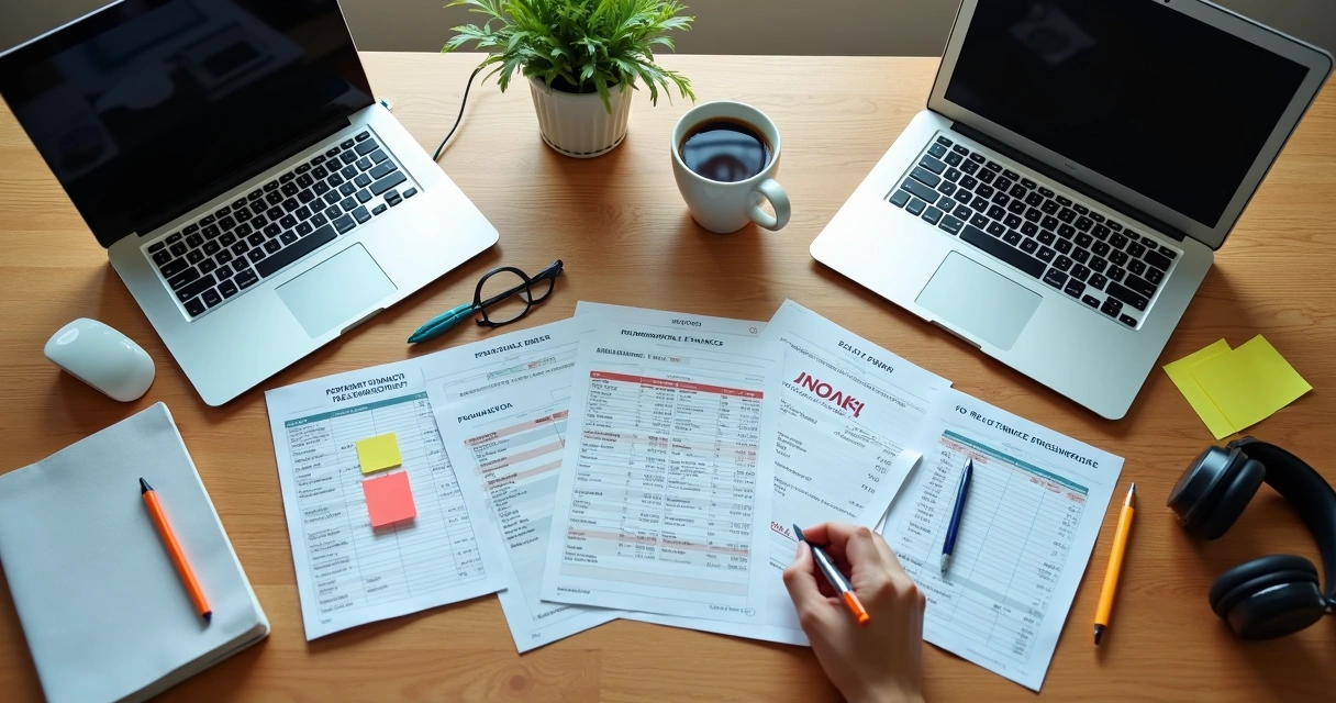 Mesa com dois notebooks, cadernos abertos e extratos financeiros separados