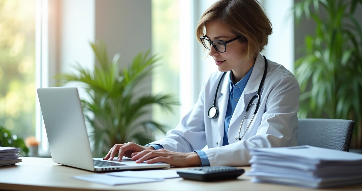 Médica analisando finanças em papel e notebook 