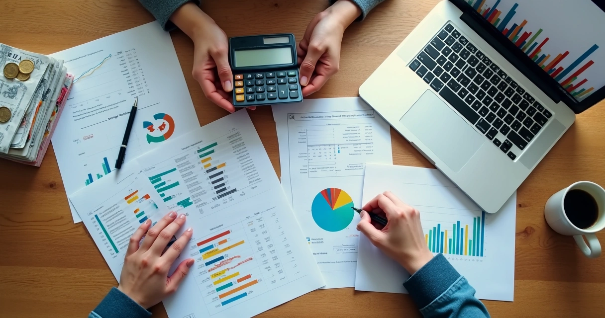 Pessoa organizando planilhas de finanças em mesa de escritório