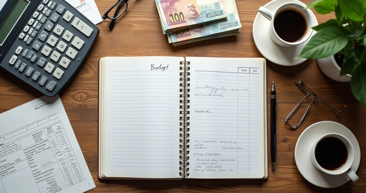 Mesa com papéis, calculadora e dinheiro representando organização financeira 