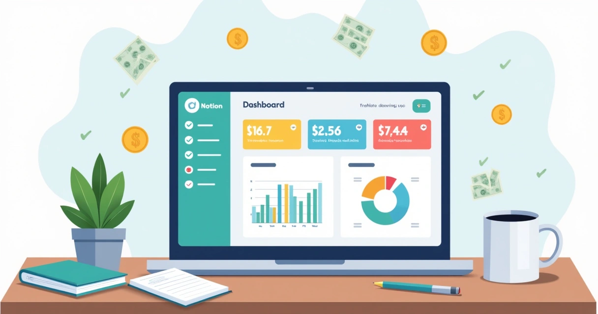 Visão geral de painel financeiro digital personalizado no Notion 