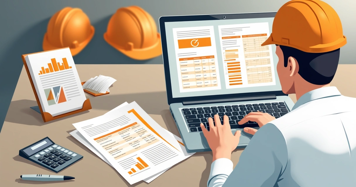 Pessoa analisando gastos de obra em planilhas e computador, ao fundo material de construção