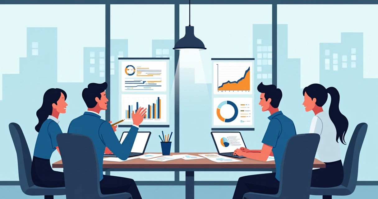 Equipe analisando gráficos e planilhas em escritório moderno 