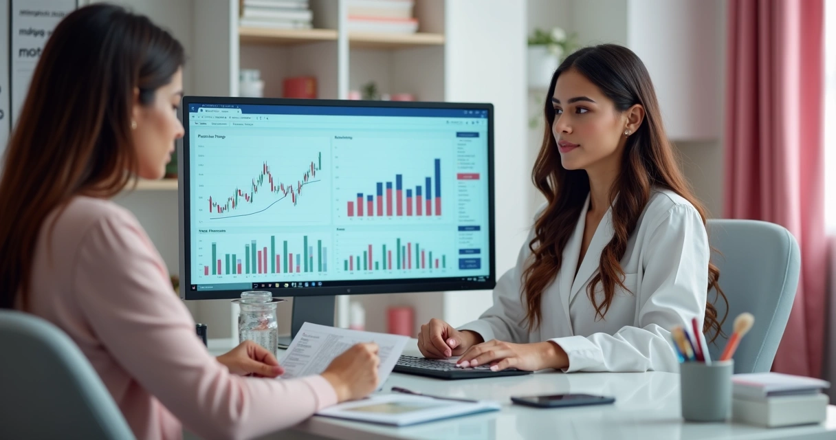 Profissional de beleza analisando gráficos financeiros digitais com clientes em espera ao fundo 