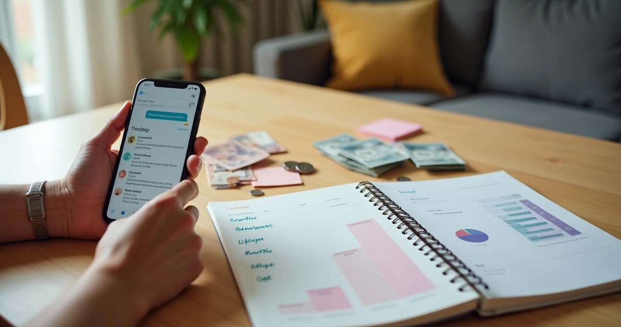 Pessoa organizando orçamento mensal com celular, caderno e gráficos coloridos sobre a mesa 