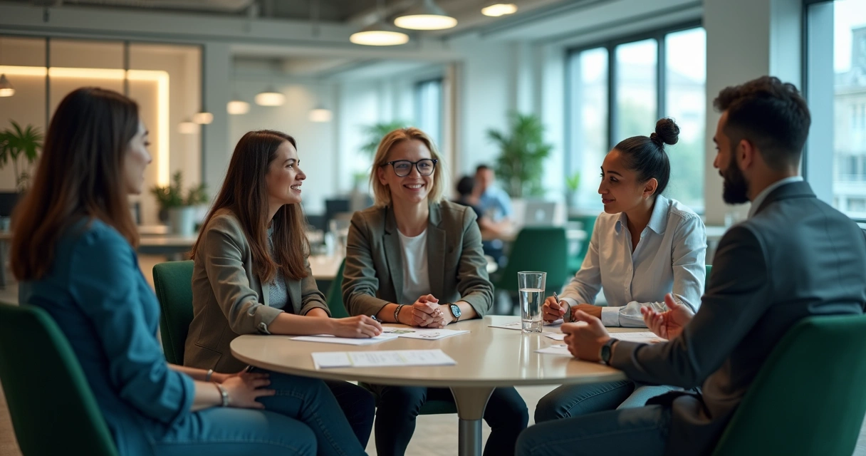 Equipe de trabalho em círculo trocando ideias, promovendo conexão e empatia, sala iluminada e moderna 