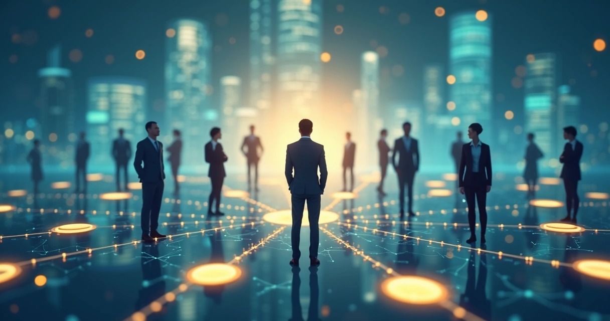 Fluxo sistêmico representado por pessoas conectadas por linhas e círculos 