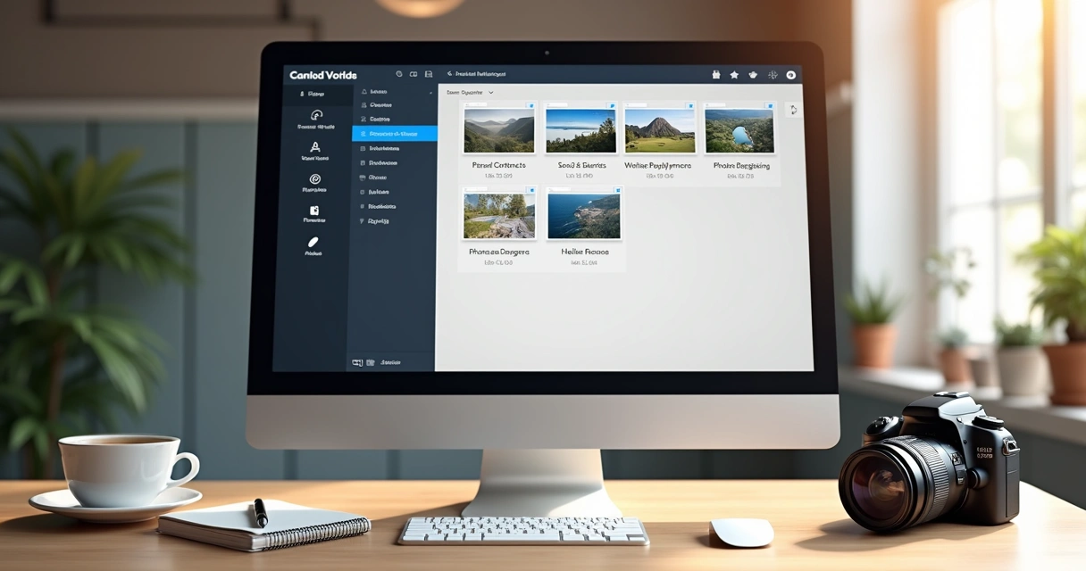 Organização digital do trabalho de fotógrafo profissional na tela do computador 