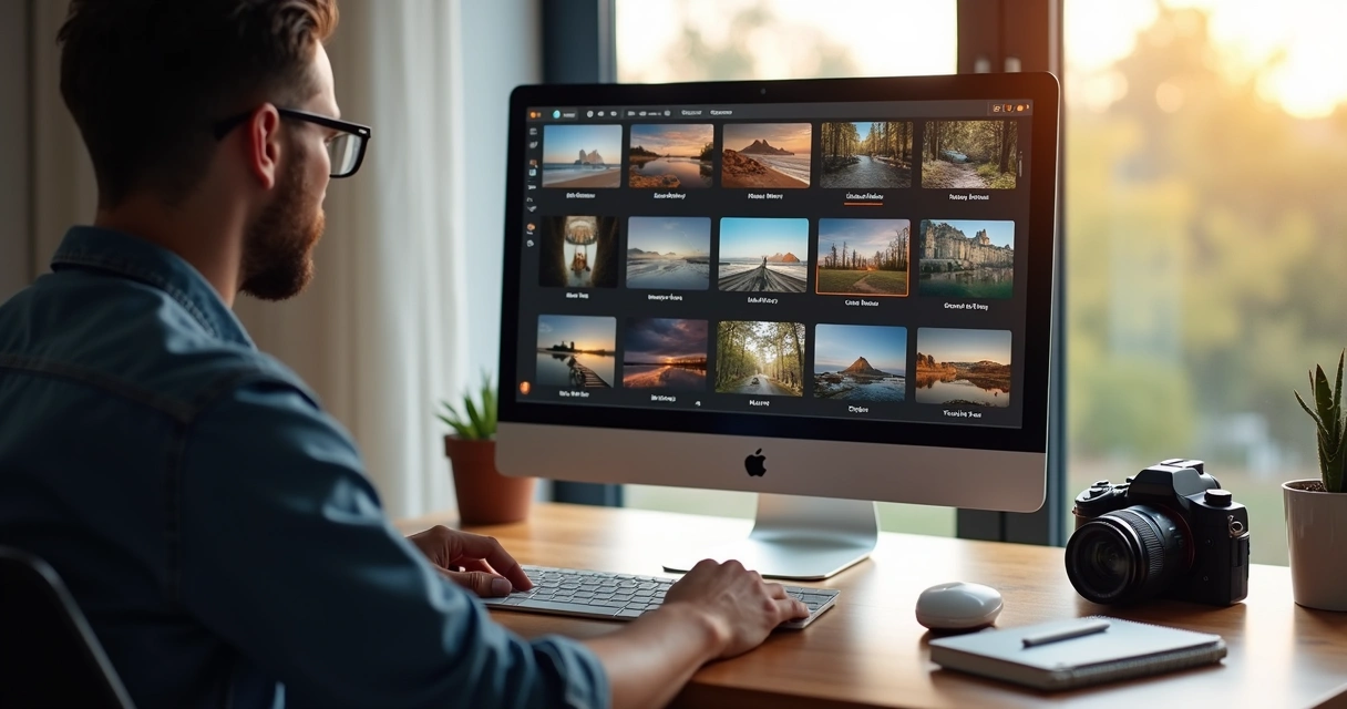 Fotógrafo organizando arquivos digitais em um computador de mesa com várias pastas de fotos abertas 